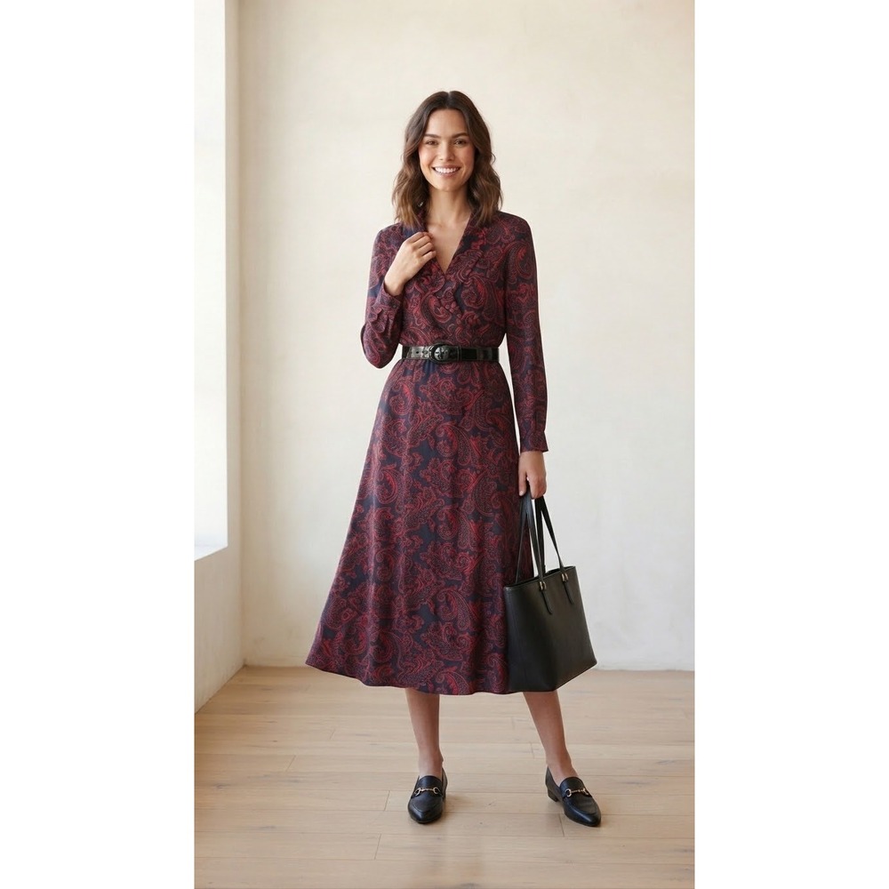 Liz Claiborne Paisley Midi Dress Red Black Long Sleeve Belted V-Neck Size 6